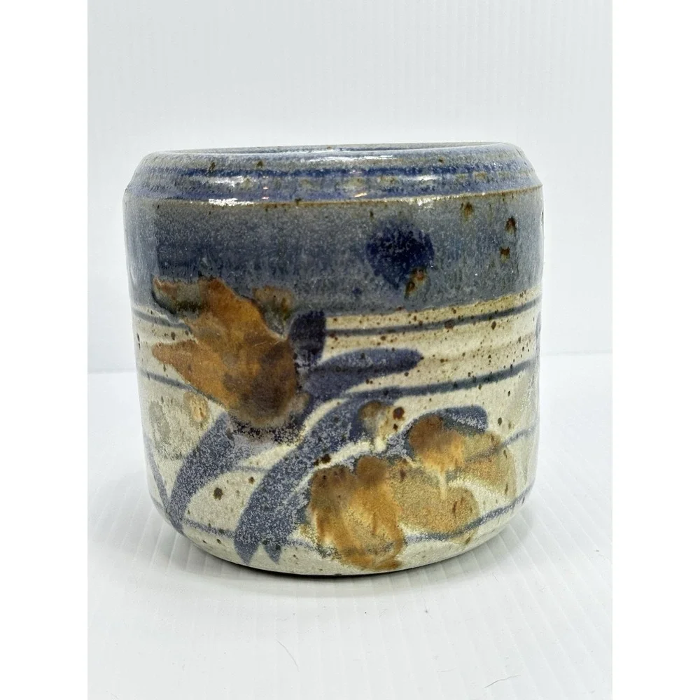 Vintage Art Studio Stoneware Pottery Vase‎ Planter Pot Blue Brown Flowers Signed